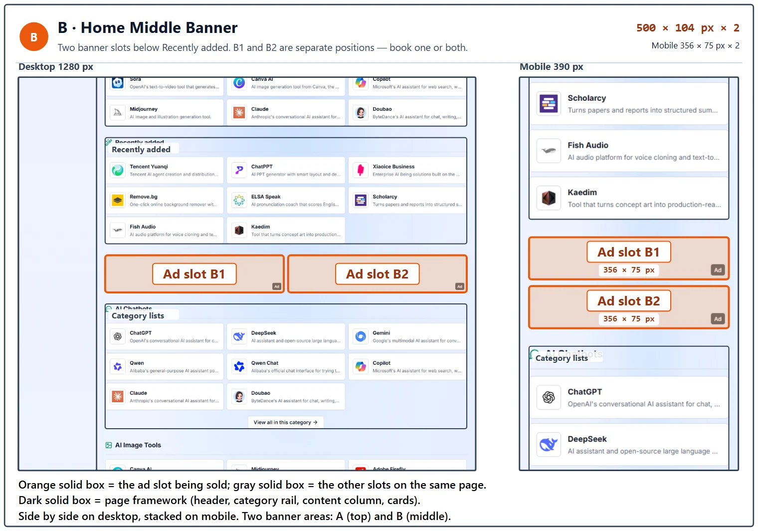 Homepage mid-page banner placement: 2 banners of 500 × 104 px side by side on desktop, 356 × 75 px on mobile