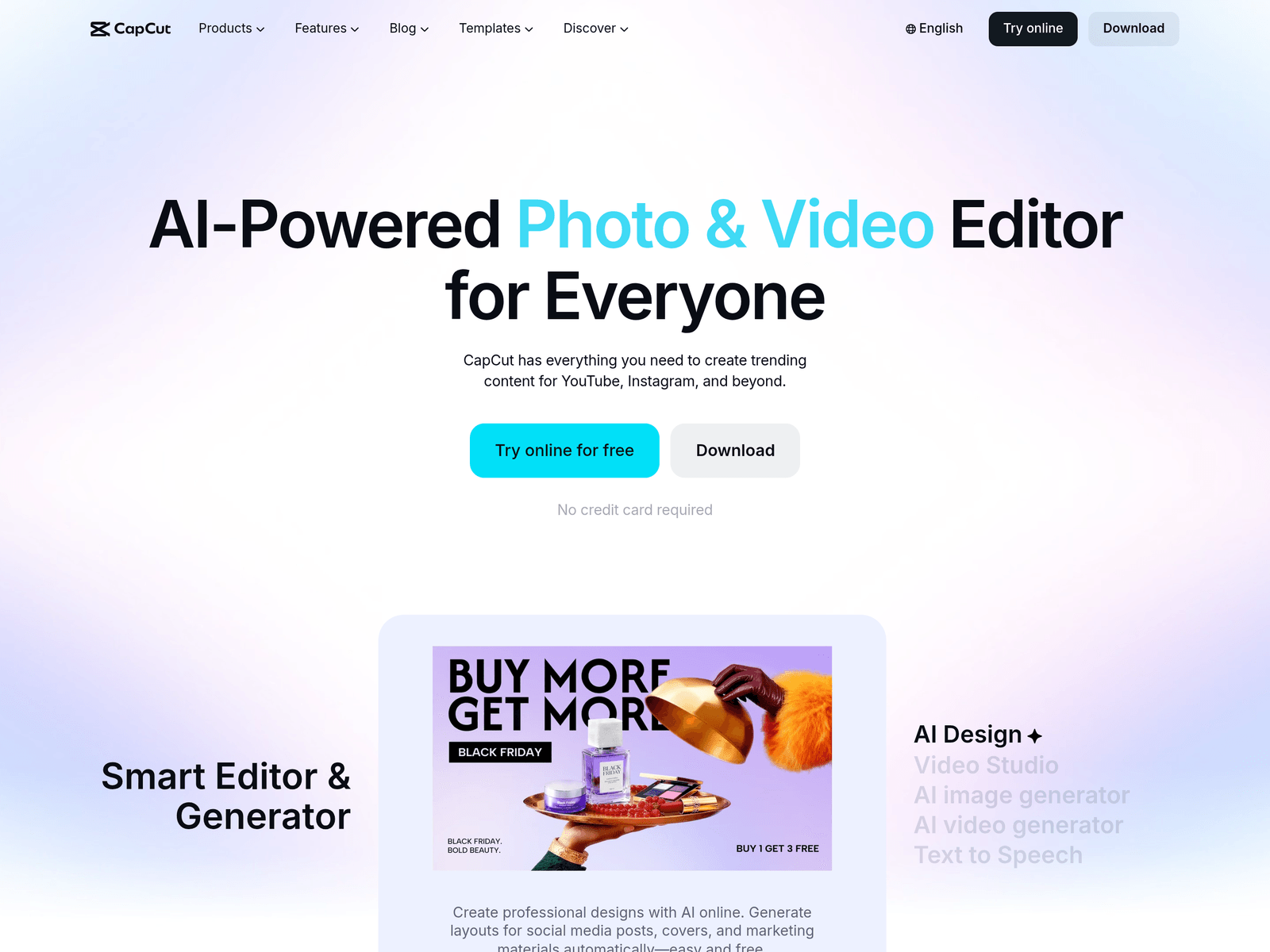 CapCut interface showcasing AI video editing and smart tools