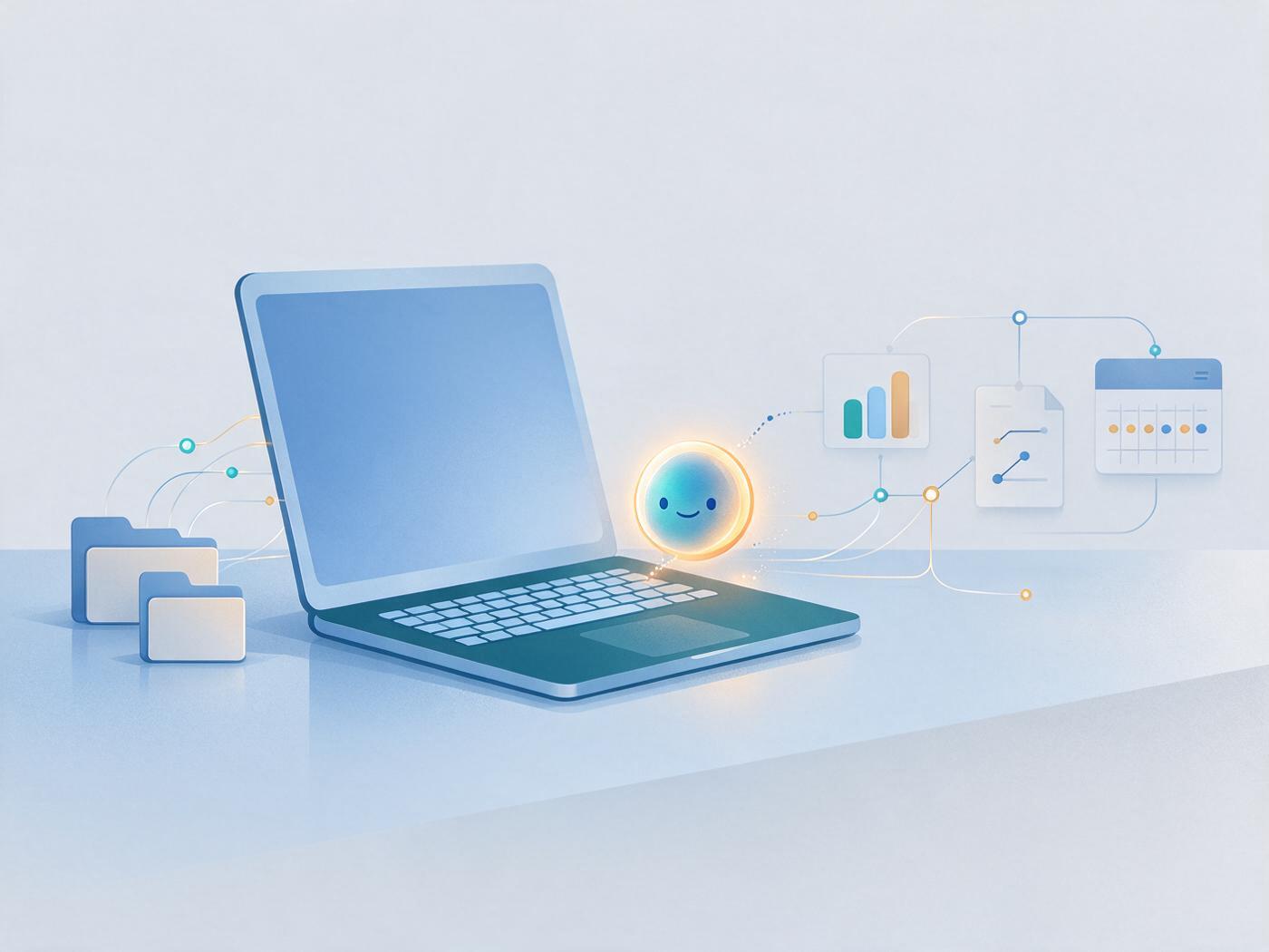 Concept illustration of Loomy, a desktop AI agent linking local folders, data charts and scheduled tasks on one workspace