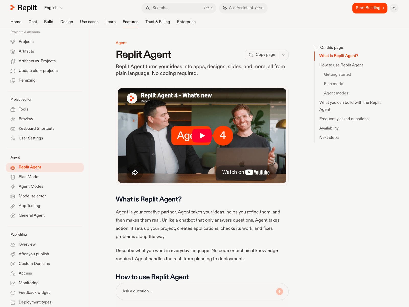Replit Agent official website screenshot